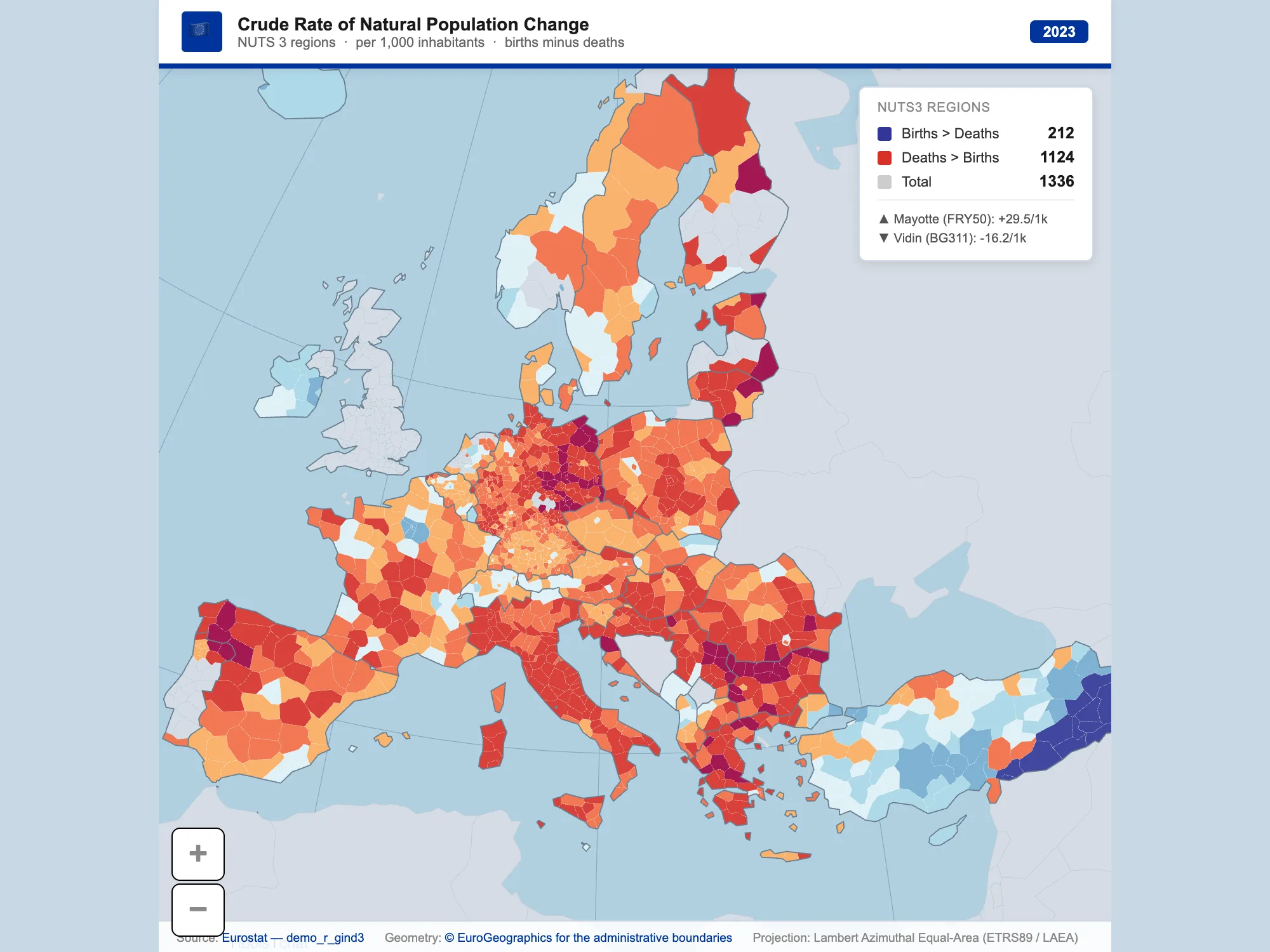 Interactive iXMaps diverging choropleth of natural population balance across EU NUTS3 regions.